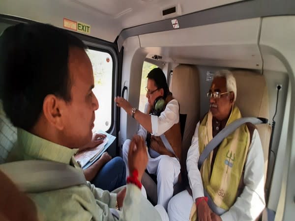 CM Pushkar Singh Dhami along with Cabinet Minister Dr Dhan Singh Rawat and Chief Secretary SS Sandhu during  aerial survey. (Photo/ANI)