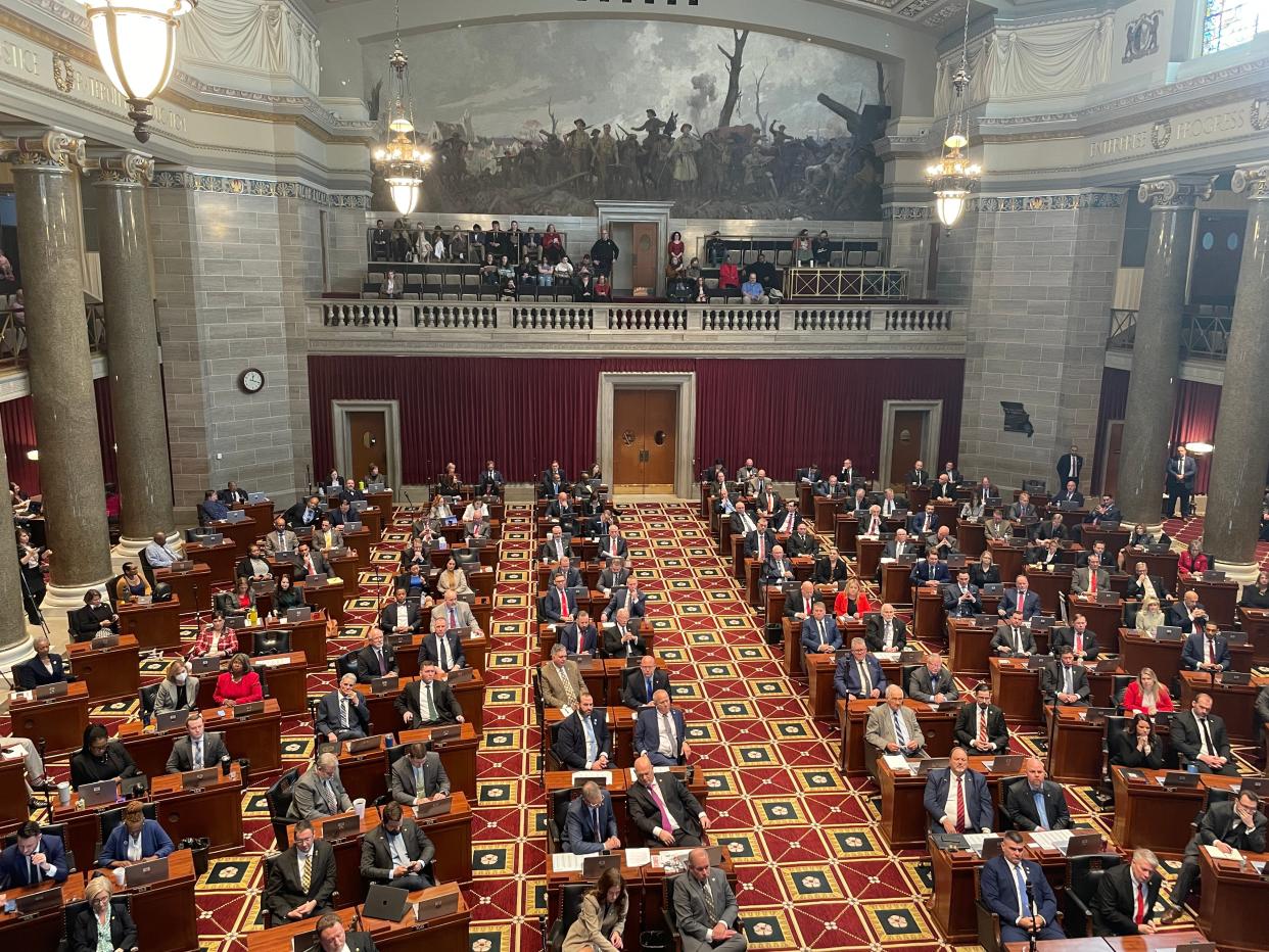 This is a photo of members of the Missouri House of Representatives gather for the start of the legislative session in Jefferson City on Jan. 3, 2024. A state lawmaker is pushing to overturn a law that doesn't allow pregnant women to get divorced.