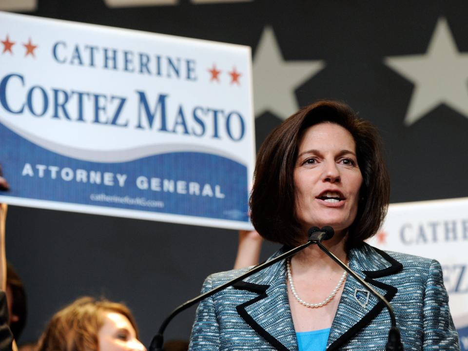 LAS VEGAS - NOVEMBER 02: Nevada's Democratic Attorney General Catherine Cortez Masto delivers her acceptance speech after she won re-election at the Nevada State Democratic Party's election results party at the Aria Resort & Casino at CityCenter November 2, 2010 in Las Vegas, Nevada. In one of the nation's most closely watched races, U.S. Senate Majority Leader Harry Reid (D-NV) retained his seat for a fifth term against Sharron Angle, a Tea Party favorite. (Photo by Ethan Miller/Getty Images)