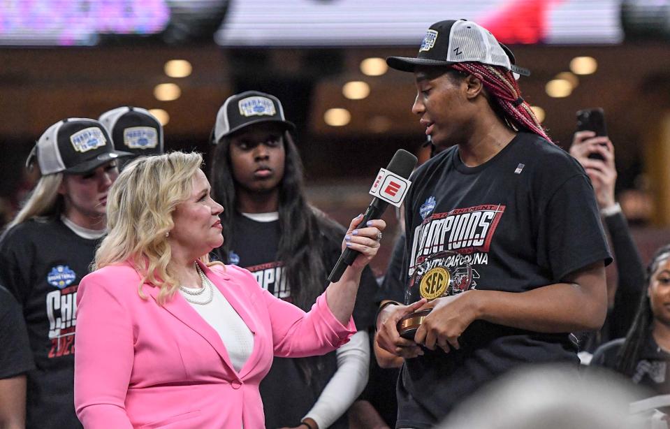 Holly Rowe, left, interviews Most Outstanding Player South Carolina forward Aliyah Boston (4) after the SEC Women's Basketball Tournament at Bon Secours Wellness Arena in Greenville, S.C. Sunday, March 5, 2023.  South Carolina won 74-58.