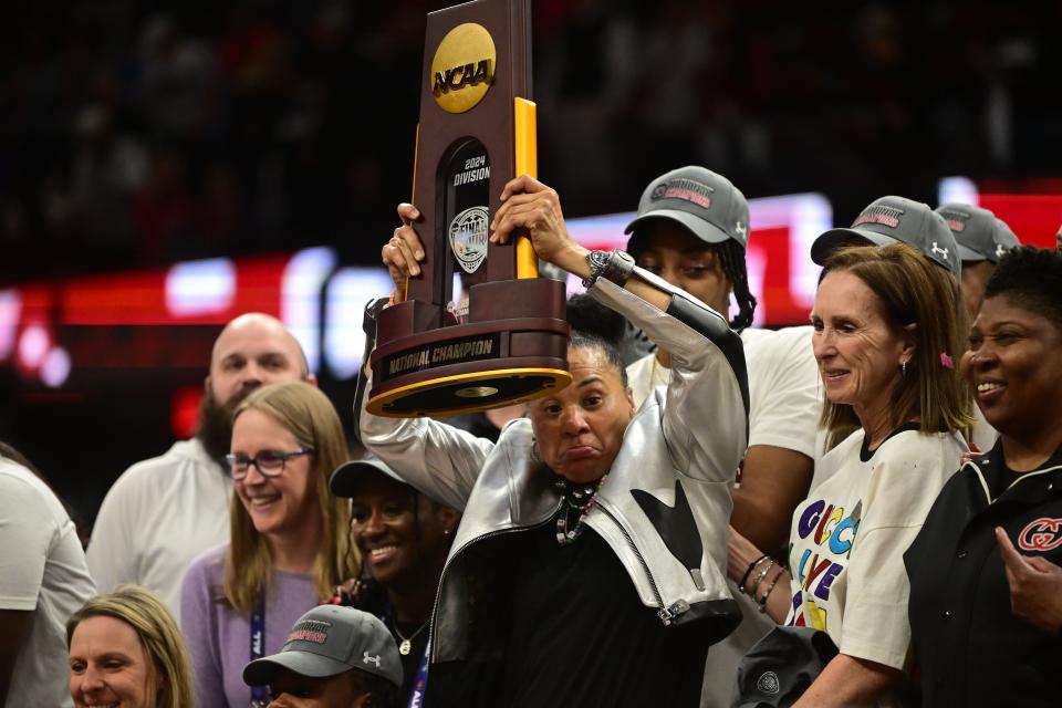 South Carolina coach Dawn Staley reacts during the trophy presentation after the Gamecocks defeated Iowa in the championship game of the women's 2024 NCAA Tournament in Cleveland.