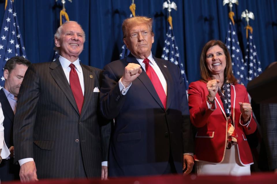 A photo of South Carolina Gov. Henry McMaster, Donald Trump, and Lt. Gov. Pamela Evette