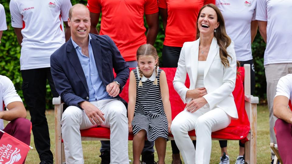 Prince William, Duke of Cambridge, Princess Charlotte of Cambridge and Catherine, Duchess of Cambridge during a visit to SportsAid House at the 2022 Commonwealth Games