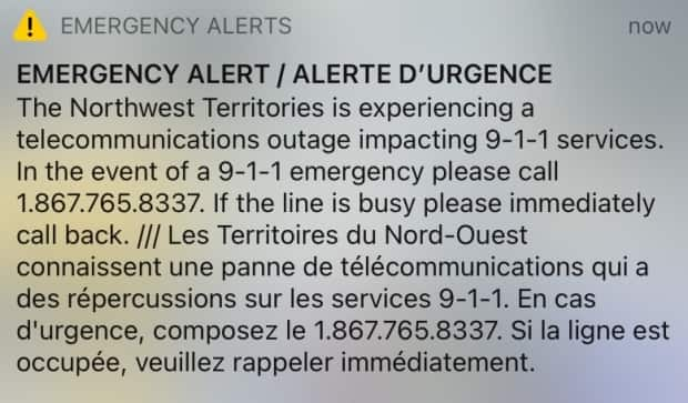 Northwest Territories emergency services sent out an alert Wednesday evening to inform residents that 911 services are down. Instead people should call 867-765-8337. (CBC - image credit)