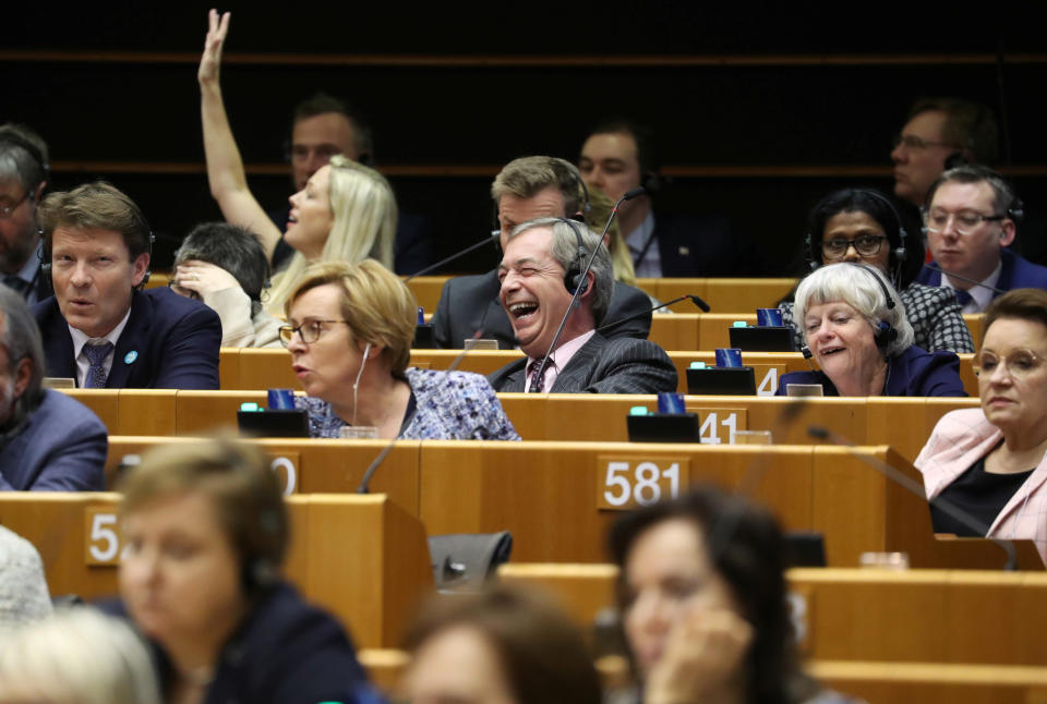 Brexit Party leader Nigel Farage laughs during a plenary session at the European Parliament in Brussels, Belgium January 29, 2020.  REUTERS/Yves Herman