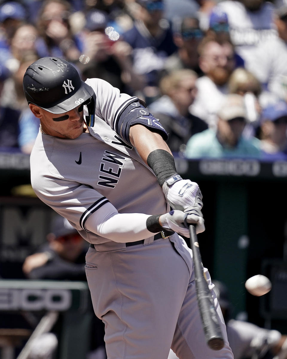 New York Yankees' Aaron Judge hits a solo home run during the first inning of a baseball game against the Kansas City Royals Sunday, May 1, 2022, in Kansas City, Mo. (AP Photo/Charlie Riedel)