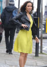 Celebrities in neon fashion: Myleene Klass wore her neon dress with a biker jacket.<br><br>[Rex]