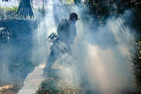 FILE PHOTO: A worker sprays insecticide for mosquitos at a village in Bangkok, Thailand, December 12, 2017. REUTERS/Athit Perawongmetha - RC1DD2DAE810