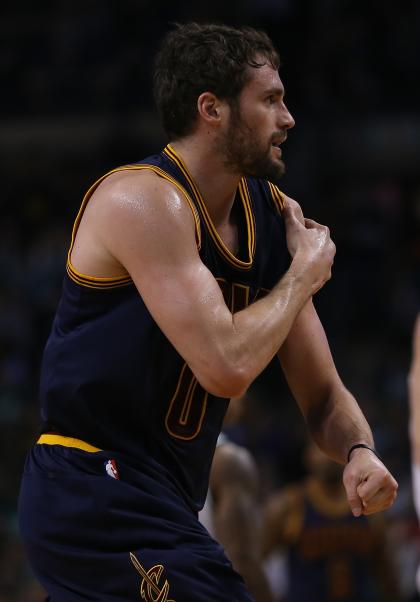 BOSTON, MA - APRIL 26: Kevin Love #0 of the Cleveland Cavaliers reacts after an injury against the Boston Celtics in the first quarter in Game Four during the first round of the 2015 NBA Playoffs on April 26, 2015 at TD Garden in Boston, Massachusetts. (Photo by Jim Rogash/Getty Images)