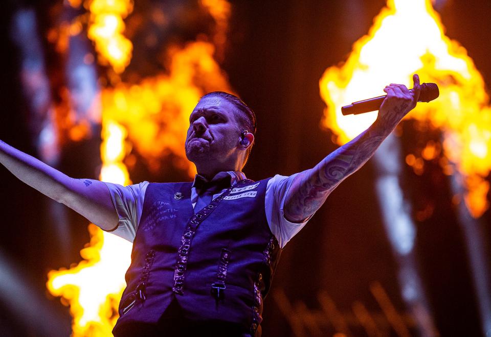 Shinedown rocks the Loudmouth stage at the Louder Than Life music festival on Friday, Sept. 23, 2022, in Louisville, Kentucky.