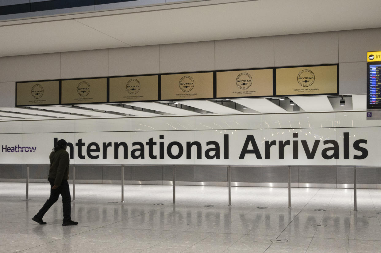 LONDON, UNITED KINGDOM - FEBRUARY 16: The international travellers arrivals areas of London Heathrow Airport in London, United Kingdom on February, 16, 2021. All travellers arriving in England from 33 high-risk countries will be required to quarantine in a hotel for 10 days. (Photo by Ray Tang/Anadolu Agency via Getty Images)