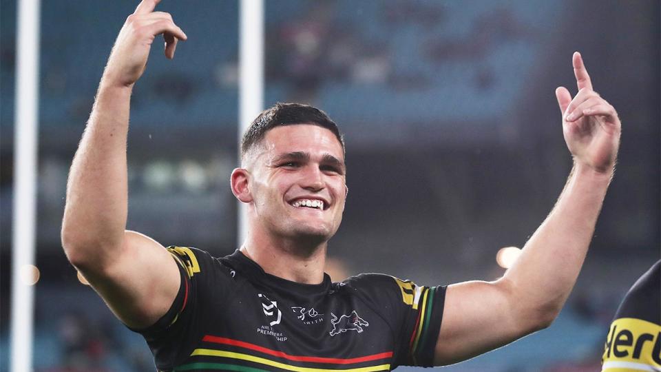 Nathan Cleary (pictured) celebrating after a Penrith win.