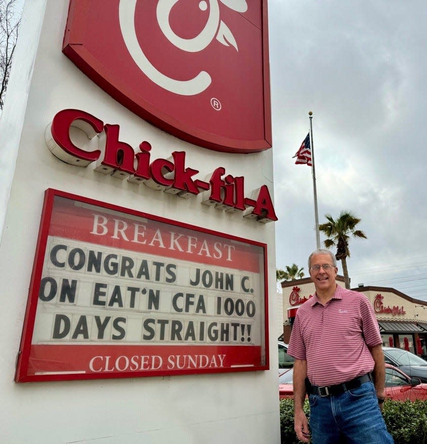 Chick-fil-A and John Carucci celebrate his milestone 1,000th consecutive visit. Most of his visits were to the same Jackson Township restaurant.