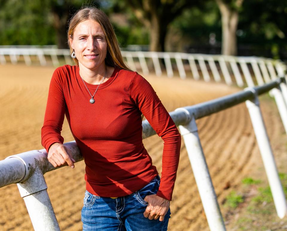 Horse trainer Christy Whitman of New Episode Training Center bought Medina Spirit for $1,000, broke and trained him, and then sold him for $35,000 in 2020. Whitman, shown at the track on the farm Tuesday afternoon, said: "Horses are like humans. They can die of a heart attack." Medina Spirit, disputed Kentucky Derby winner, died suddenly on Monday in Californina.