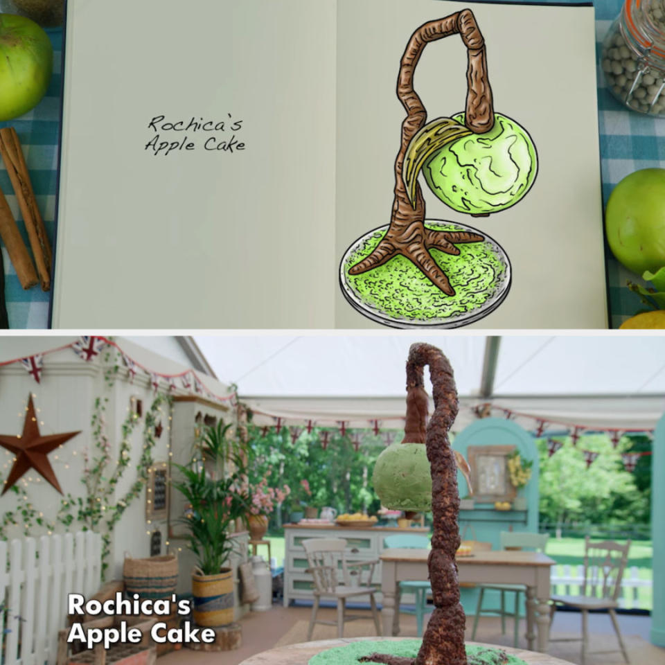 Rochica's anti-gravity cake decorated to look like an apple hanging from a tree side by side with its drawing