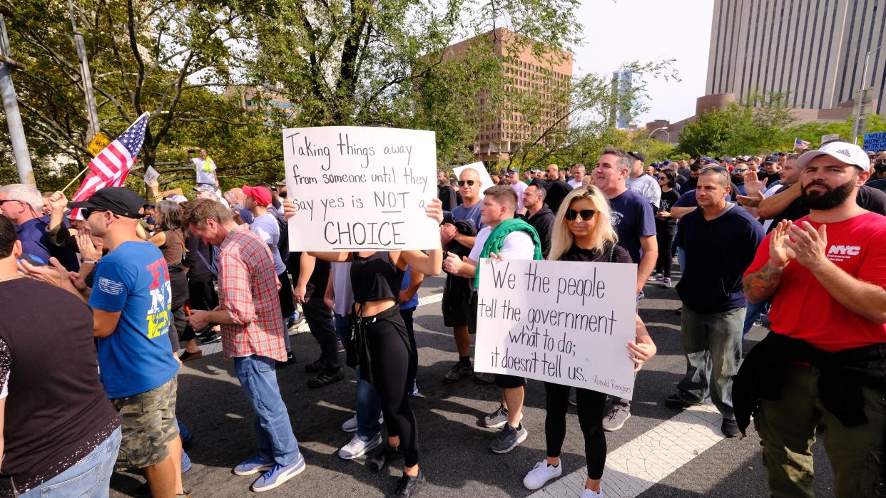 Municipal workers protest New York City's vaccine mandate in Manhattan, New York.