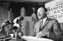 <p>Dr. Martin Luther King urged in a press conference the Johnson administration consider prompt U.S. withdrawal from the Vietnam war, in Miami on April 13, 1966. (AP Photo/Toby Massey) </p>