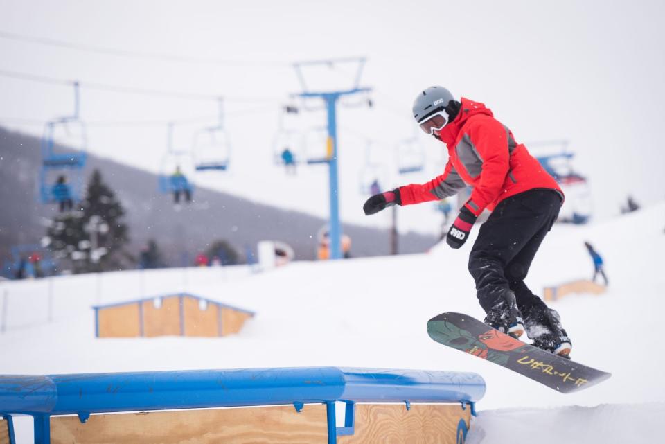 A snowboarder at Camelback Resort in Tannersville.