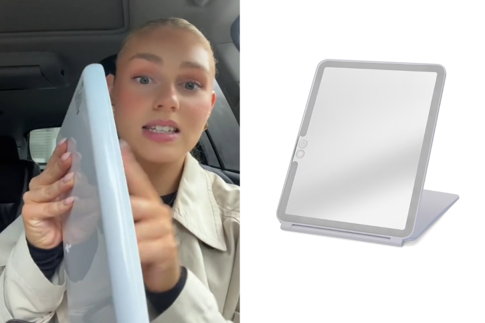 TikToker showing off a Kmart LED mirror (left) and Kmart LED flip makeup mirror on a white background (right)