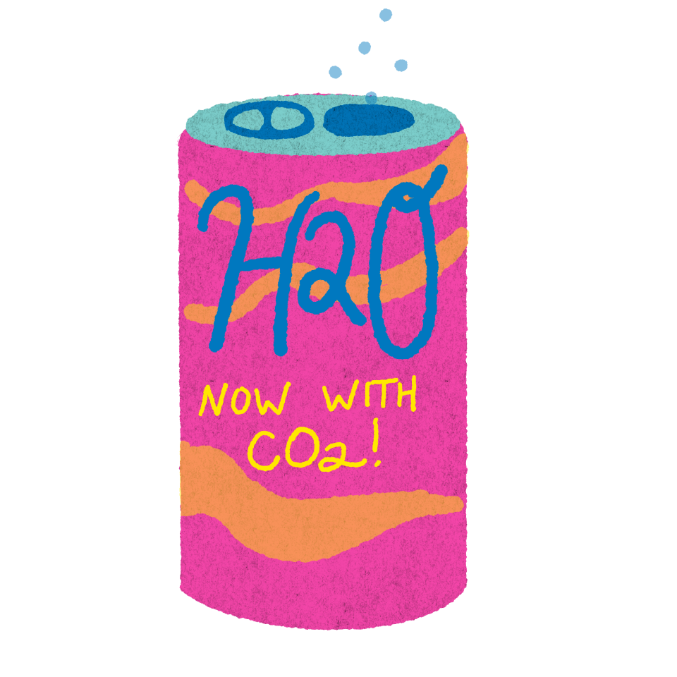 Illustrated soda can labeled "H2O now with CO2!"