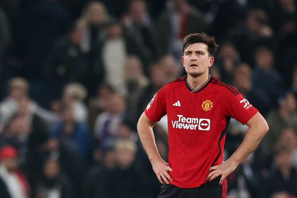 Harry Maguire looks defected after Manchester United’s defeat (Getty Images)