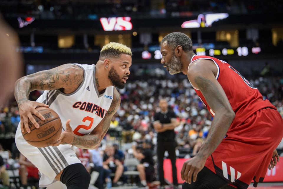 Aug 17, 2019; Dallas, TX, USA; 3's Company guard Andre Emmett (2) and Trilogy player Qyntel Woods (6) during the game at the American Airlines Center. Mandatory Credit: Jerome Miron-USA TODAY Sports