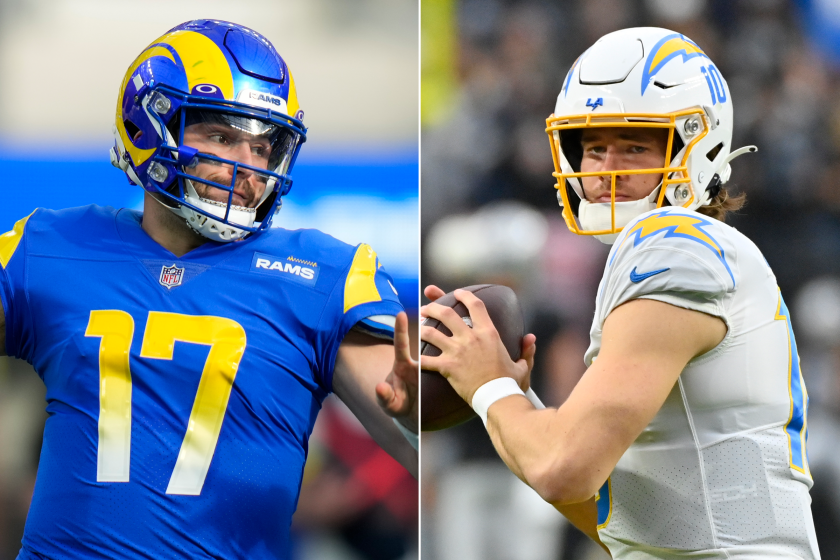 Rams quarterback Baker Mayfield, left, and Chargers quarterback Justin Herbert.