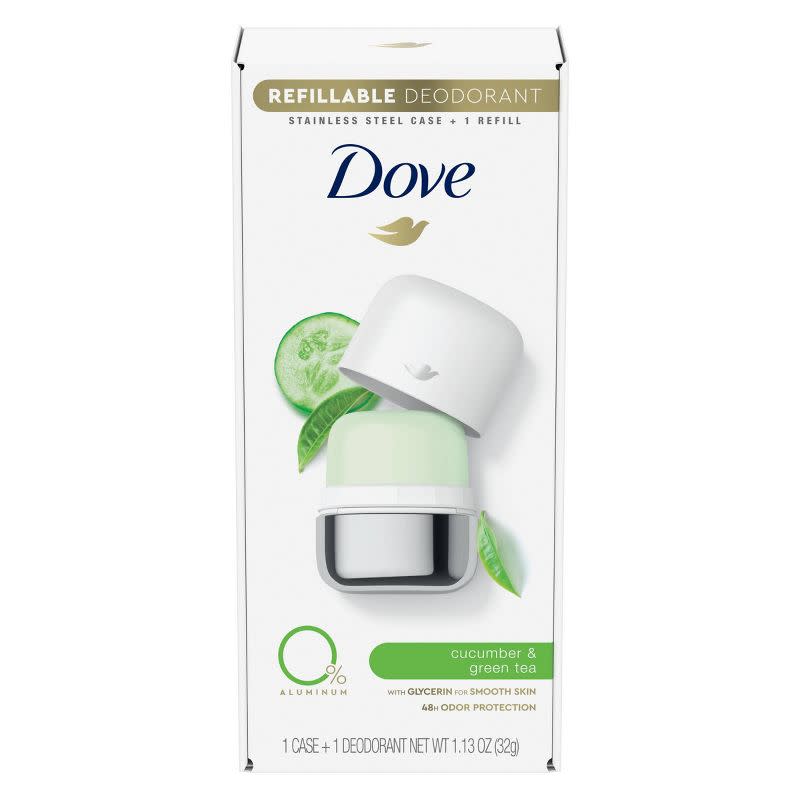 <p><a href="https://www.target.com/p/dove-beauty-0-aluminum-cucumber-38-green-tea-48-hour-refillable-deodorant-stick-1-stainless-steel-case-1-refill-1-13oz-2pk/-/A-85632345" rel="nofollow noopener" target="_blank" data-ylk="slk:Shop Now;elm:context_link;itc:0;sec:content-canvas" class="link ">Shop Now</a></p><p>0% Aluminum Cucumber & Green Tea 48-Hour Refillable Deodorant Stick</p><p>target.com</p><p>$15.79</p>