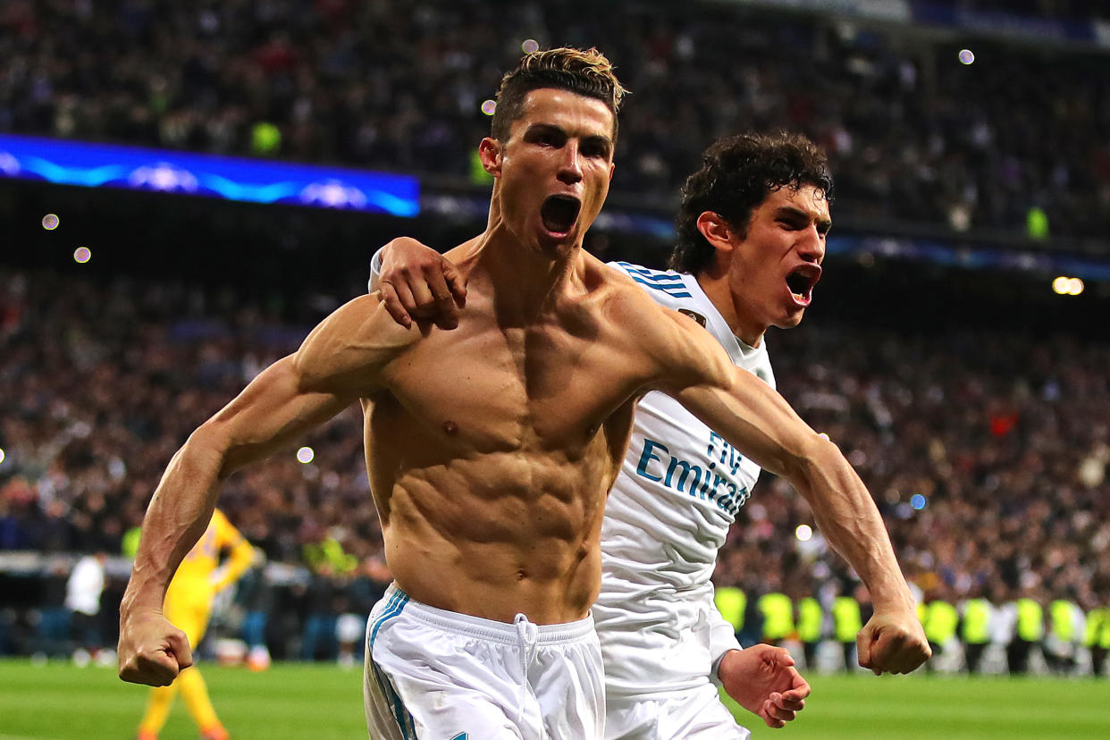 Cristiano Ronaldo celebrates his controversial late penalty for Real Madrid against Juventus in the Champions League quarterfinals. (Getty)