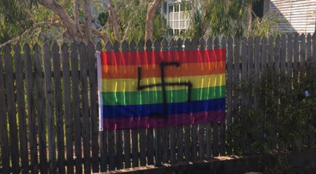 A Brisbane woman has woken up to find swastikas spray painted over her same-sex marriage decorations. Photo: Facebook