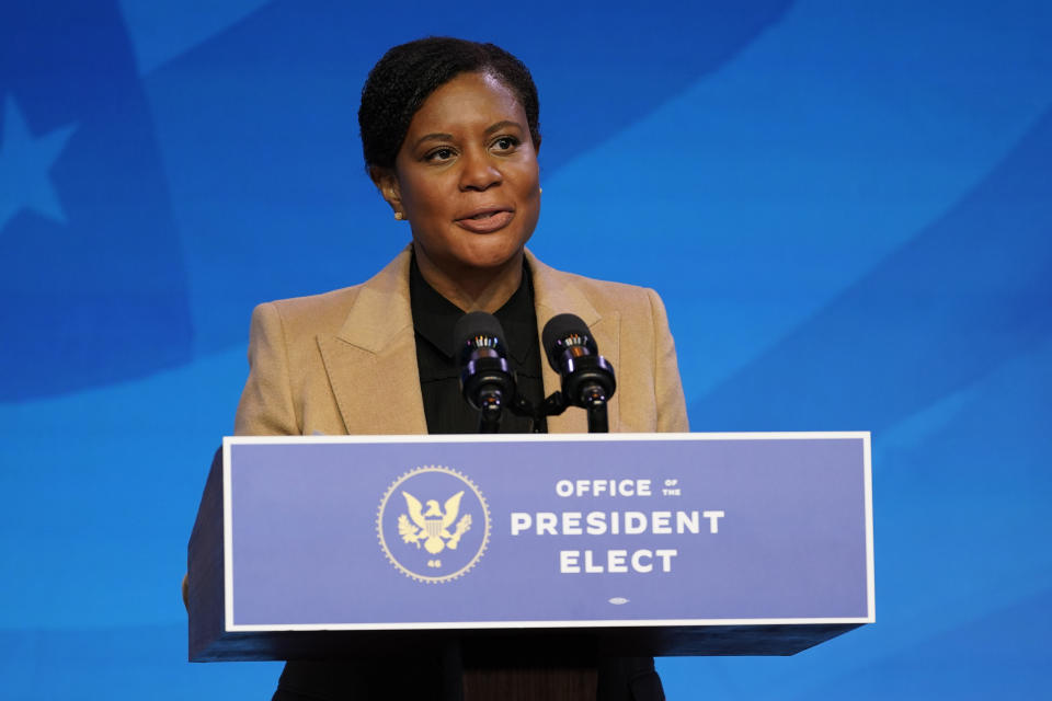 President-elect Joe Biden's nominee for deputy director of the Office of Science and Technology Policy Alondra Nelson speaks during an event at The Queen theater, Saturday, Jan. 16, 2021, in Wilmington, Del. (AP Photo/Matt Slocum)