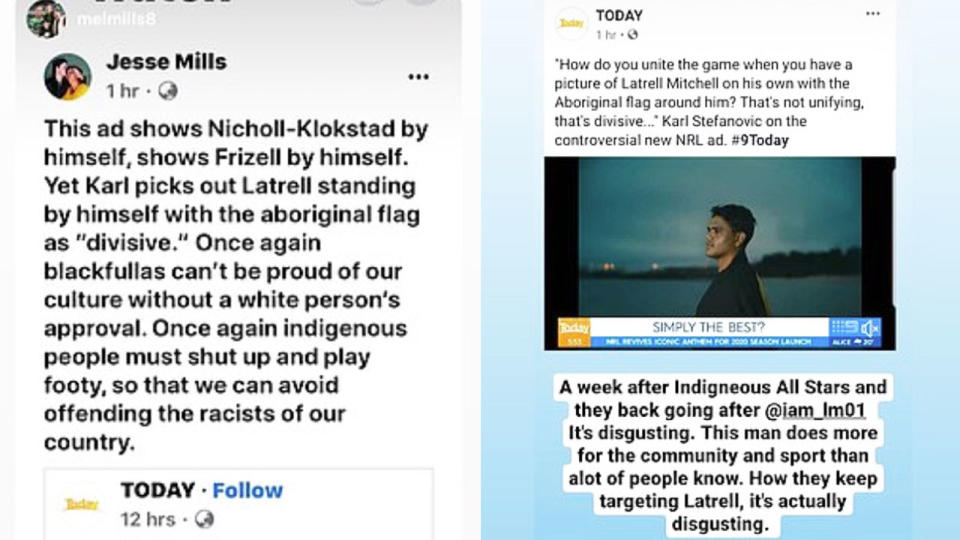 Social media posts criticising Karl Stefanovic's comments were shared by Latrell Mitchell.