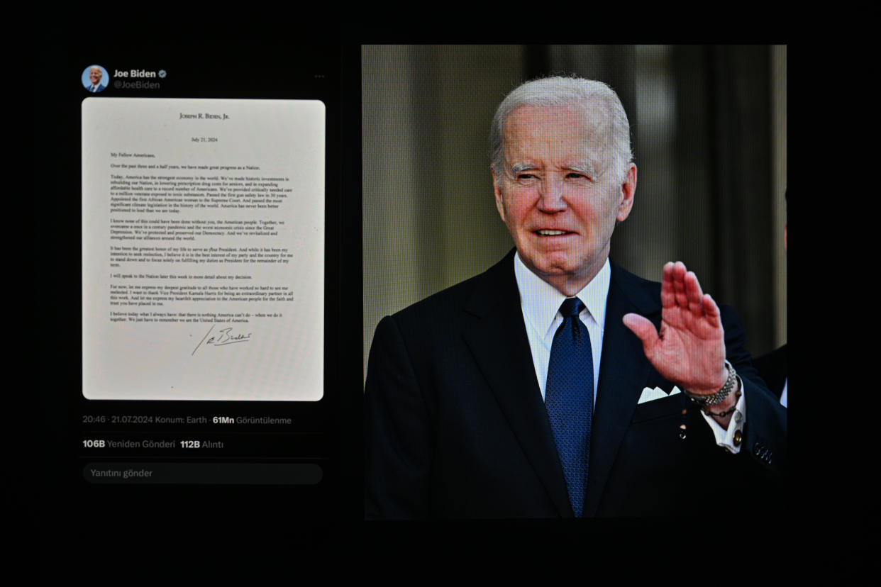 ANKARA, TURKIYE - JULY 21: The letter in which U.S. President Joe Biden announced his withdrawal from candidacy is being displayed on a mobile phone screen in front of a computer screen displaying a photo of President Biden on July 21, 2024 in Ankara, Turkiye. (Photo by Muhammed Abdullah Kurtar/Anadolu via Getty Images)