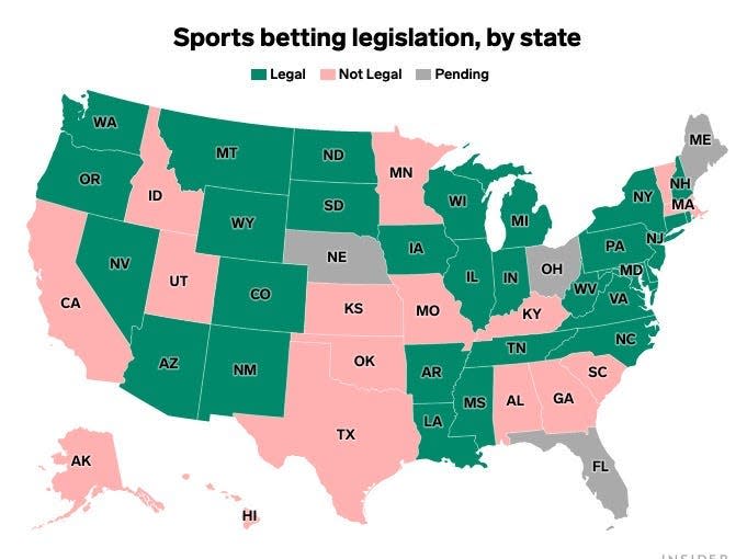 Legal sports gambling map of the United States.