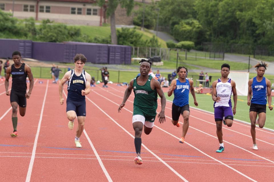 Cornwall's Jiles Addison wins the Division 1  Boys 100 Meter Dash at day 1 of the Section 9 track and field state qualifier in Central Valley, NY on June 2, 2022.