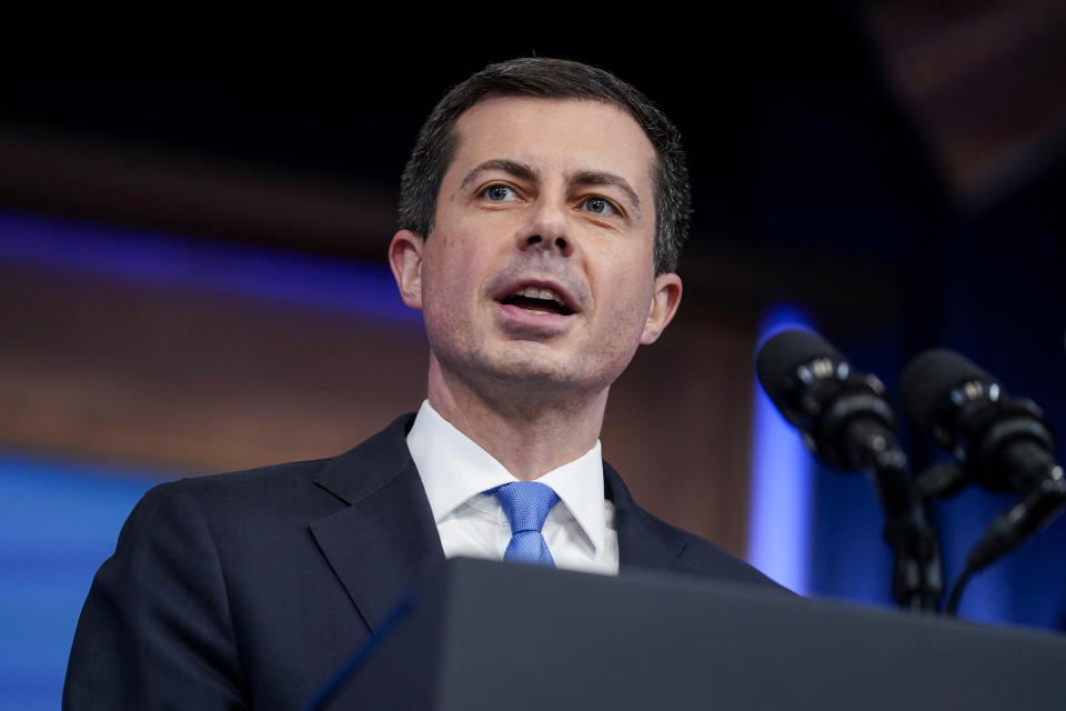 Transportation Secretary Pete Buttigieg in Washington on May 8, 2023. (Evan Vucci / AP file)