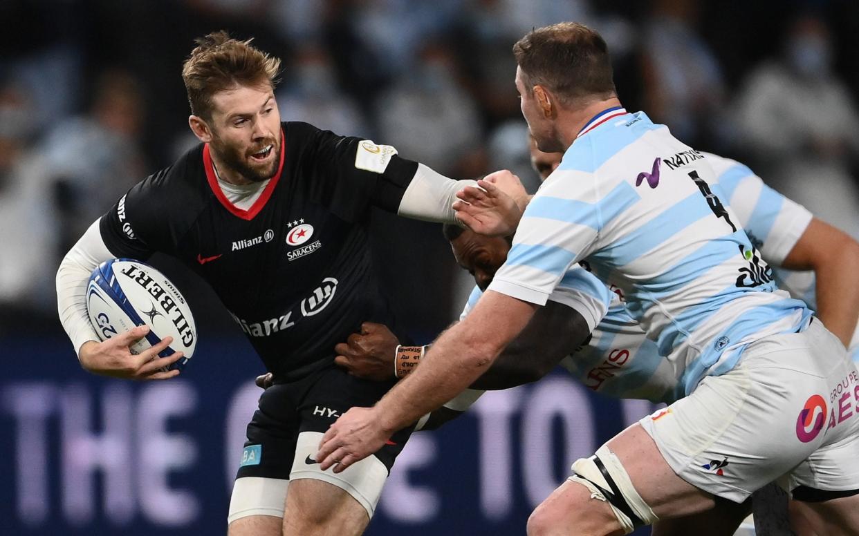 Saracens' full back Elliot Daly (L) vies with Racing's French centre Virimi Vakatawa and Donnacha Ryan during the European Rugby Champions Cup semi-final rugby union match between Racing 92 and Saracens on September 26, - GETTY IMAGES