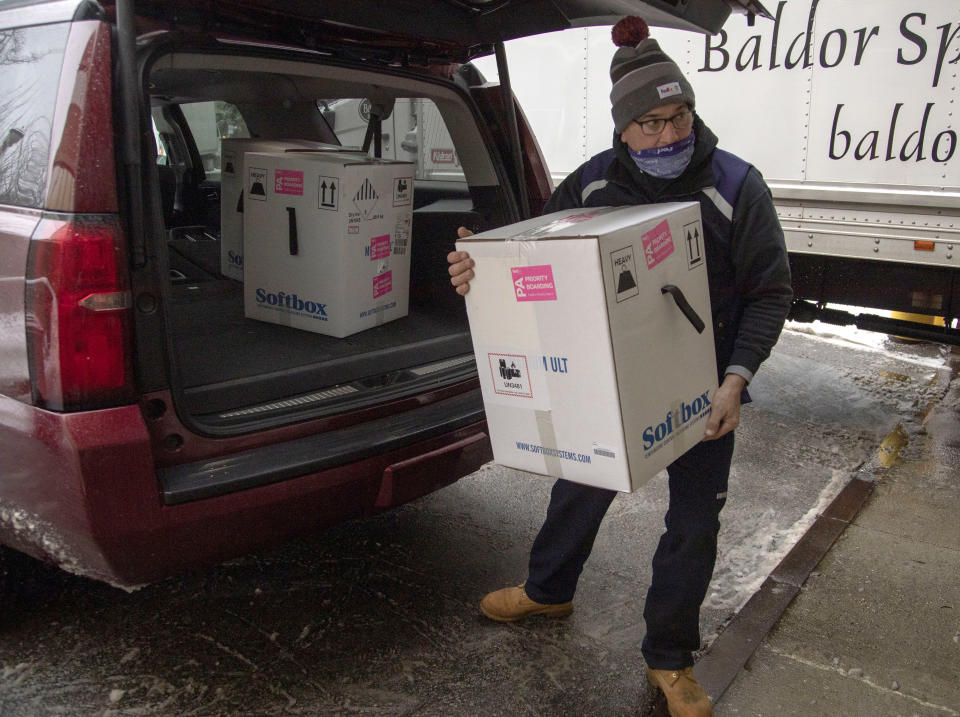 FedEx delivered the first tray of the Pfizer COVID-19 vaccine to Holy Name Medical Center in Teaneck. (Jeff Rhode/Holy Name Medical Center)