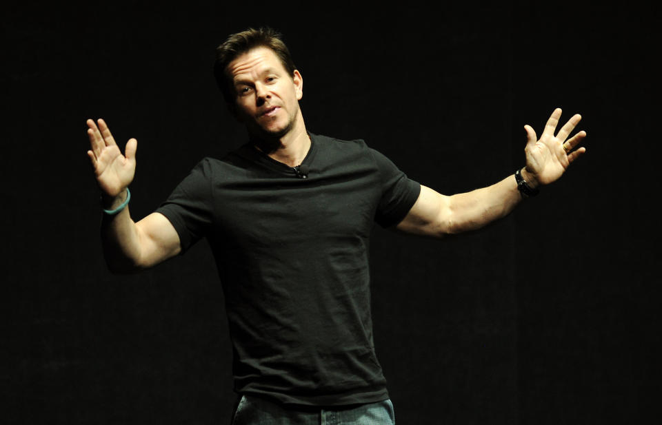 Mark Wahlberg, a cast member in the upcoming film "Transformers: Age of Extinction," talks about the movie onstage at the Opening Night Presentation from Paramount Pictures at CinemaCon 2014 on Monday, March 24, 2014, in Las Vegas. (Photo by Chris Pizzello/Invision/AP)