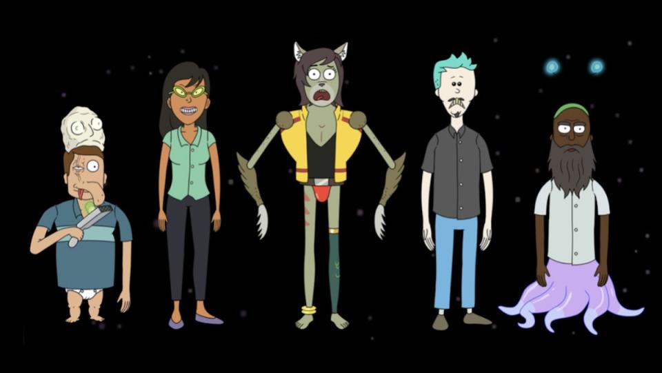 Five human and alien characters drawn in the style of Rick and Morty, all against a black background