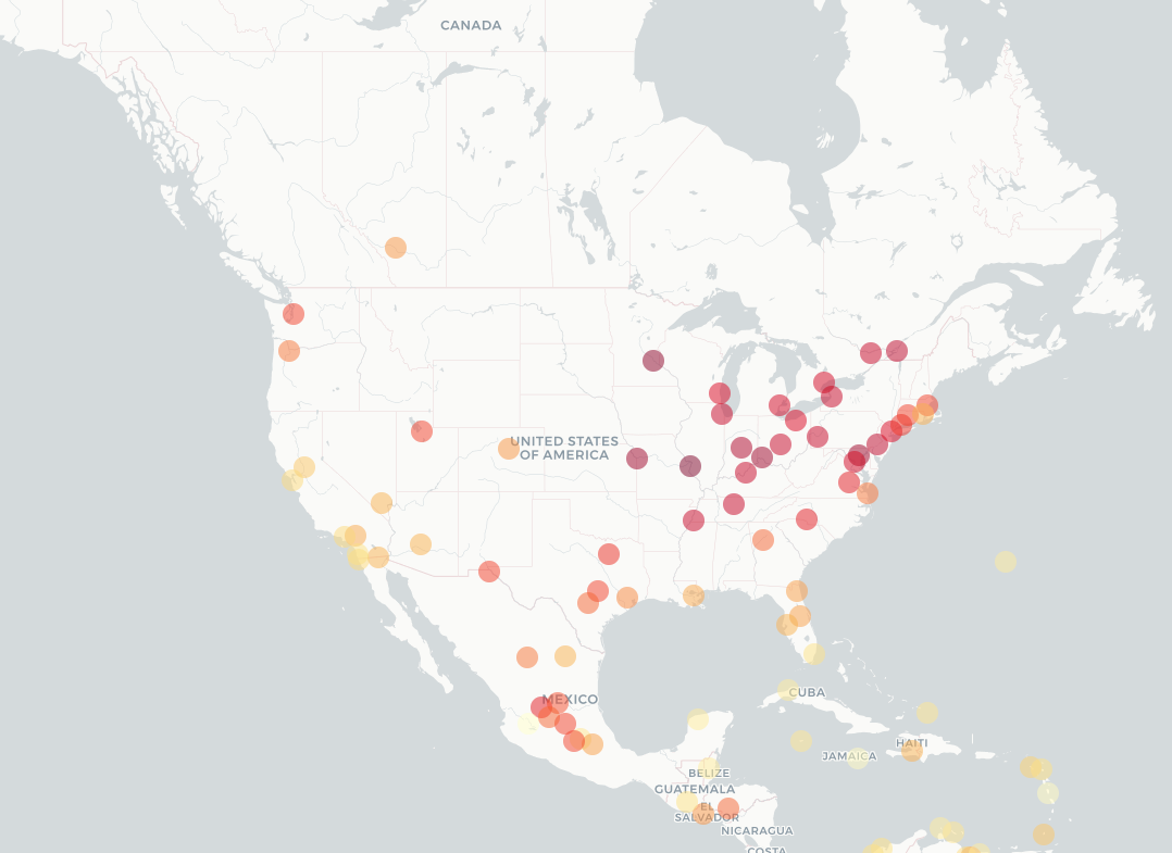 The map depicted shows the cities that will see the highest temperature increases in the next 30 years. (plos.org)