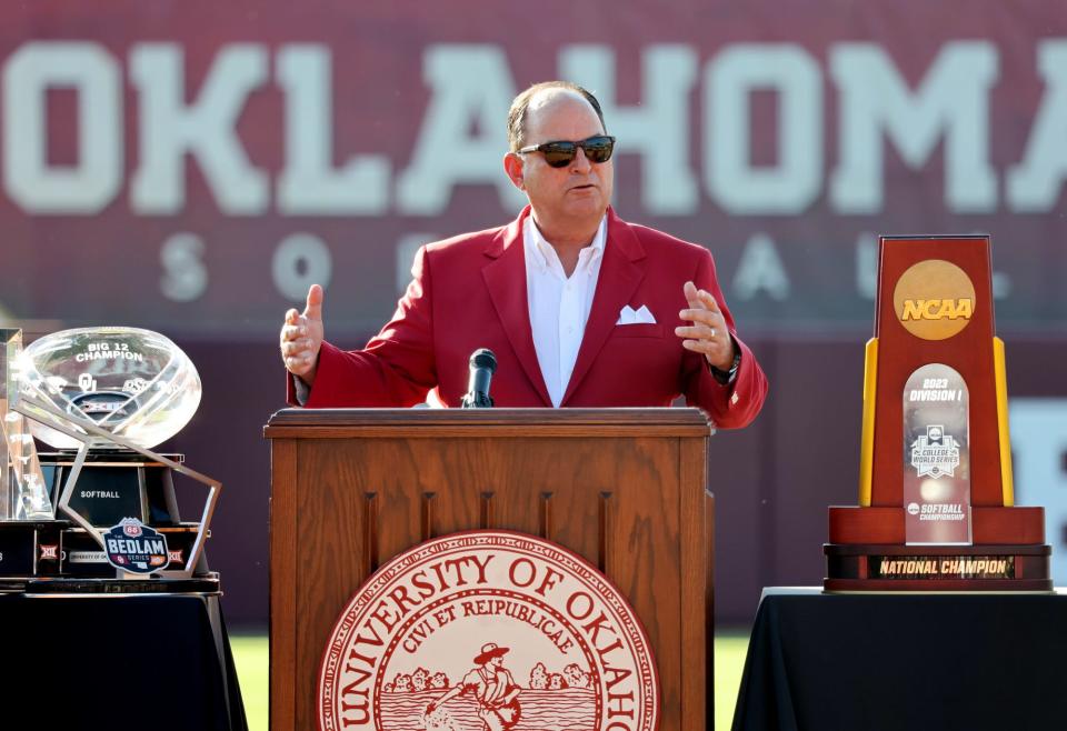 OU athletic director Joe Castiglione speaks during a event honoring the OU softball team's WCWS title on June 10, 2023, in Norman.