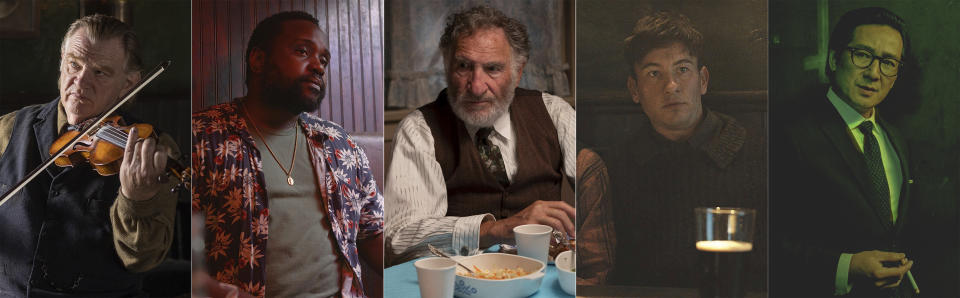 Esta combinación de fotografías muestra a los nominados a mejor actor de reparto de los Premios de la Academia, de izquierda a derecha, Brendan Gleeson en "The Banshees of Inisherin", Brian Tyree Henry en "Causeway", Judd Hirsch en "The Fabelmans", Barry Keoghan en "The Banshees of Inisherin", y Ke Huy Quan en "Everything Everywhere All at Once". (Searchlight/Apple/Universal/Searchlight/A24 vía AP)