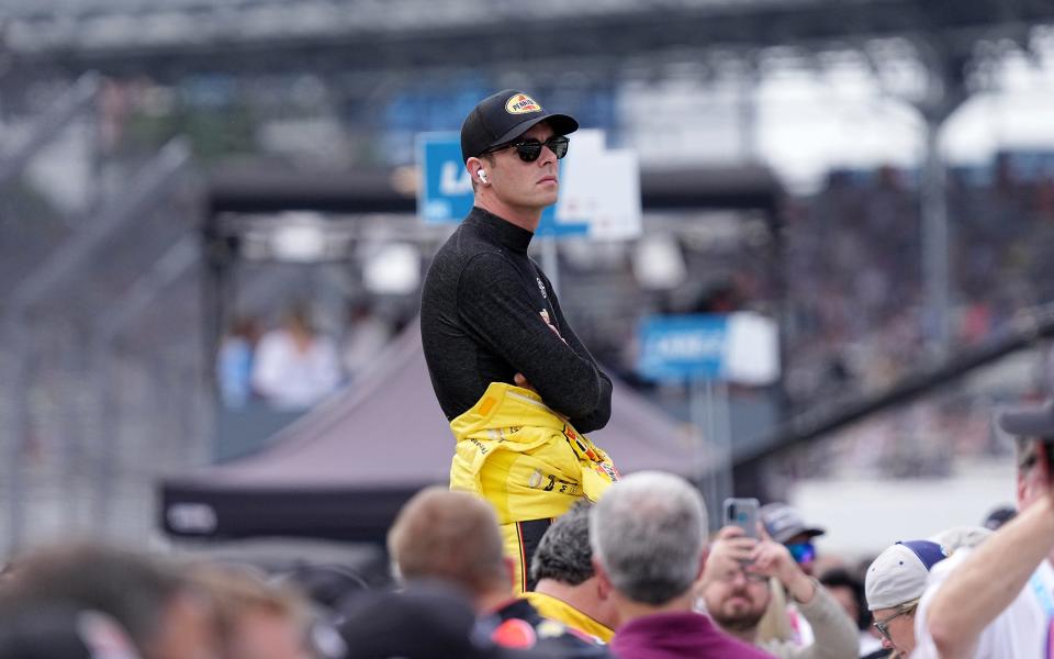 Team Penske driver Scott McLaughlin (3) stands on pit wall Saturday, May 21, 2022, during qualifying for the 106th running of the Indianapolis 500 at Indianapolis Motor Speedway.