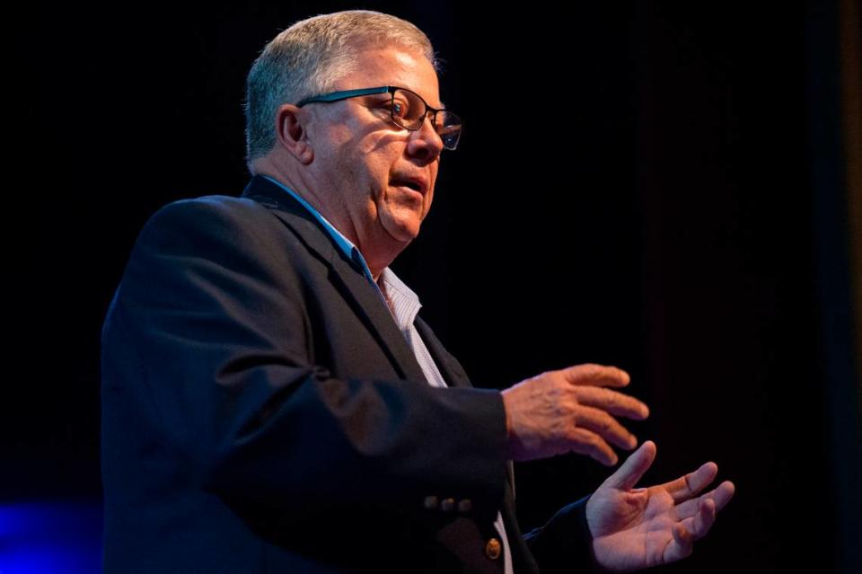 Jackson County Sheriff candidate Louie Miller speaks during a candidate’s forum at the Mary C O’Keefe Cultural Arts Center in Ocean Springs on Monday, July 31, 2023.