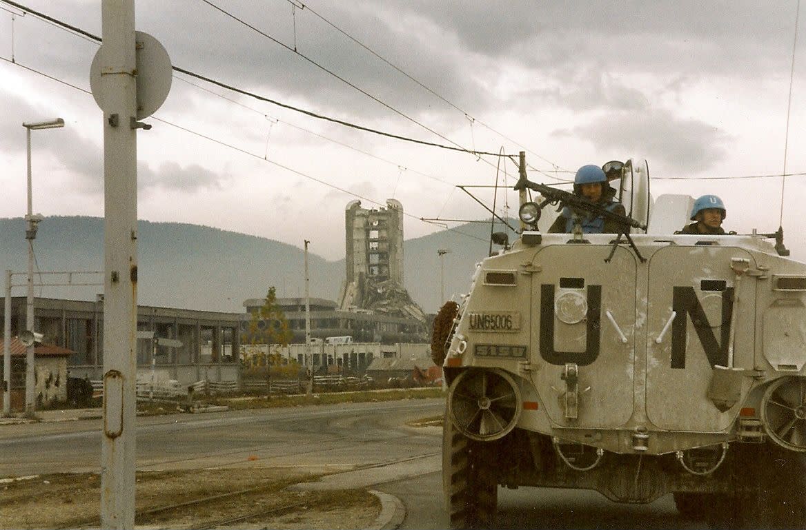 Norwegian UN troops on their way up Sniper Alley in Sarajevo, November 1995