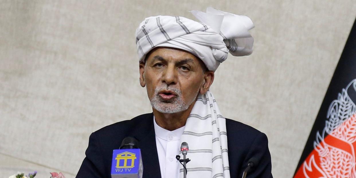 Afghan President Ashraf Ghani speaks at the parliament in Kabul, Afghanistan August 2, 2021. REUTERS/Stringer