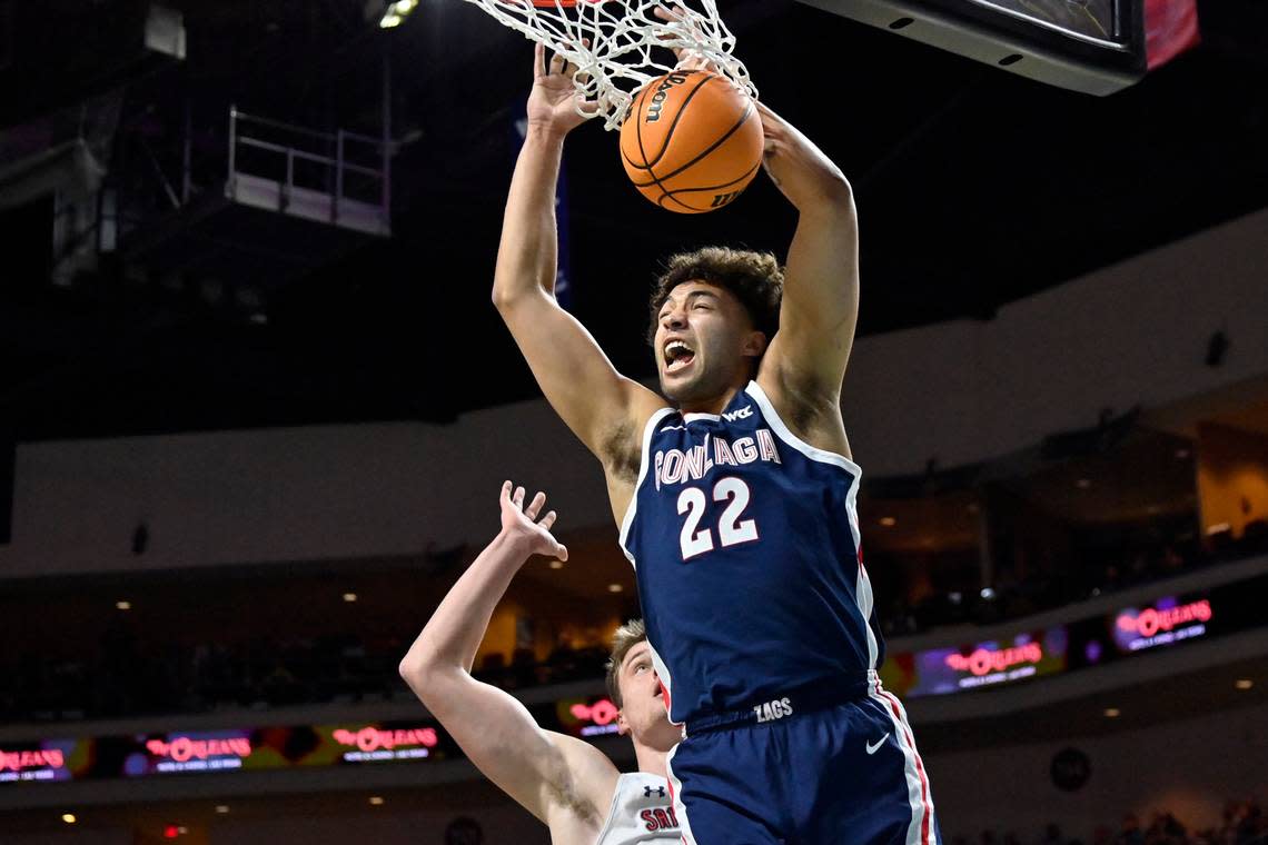 Gonzaga forward Anton Watson (22) dunks the ball against Saint Mary’s during the first half an NCAA college basketball game in the finals of the West Coast Conference men’s tournament Tuesday, March 7, 2023, in Las Vegas. (AP Photo/David Becker)