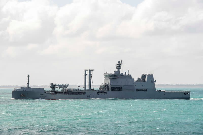 Royal New Zealand Navy's HMNZS Aotearoa sails in the sea off the coast of Tonga