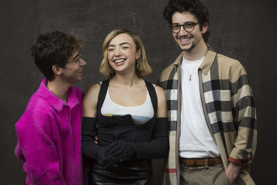 FILE - Nick Pugliese, from left, Peyton List and Mylo Manheim, cast members in the Paramount+ television series "School Spirits" pose for a portrait during the Winter Television Critics Association Press Tour on Monday, Jan. 9, 2023, at The Langham Huntington Hotel in Pasadena, Calif. (Willy Sanjuan/Invision/AP, File)